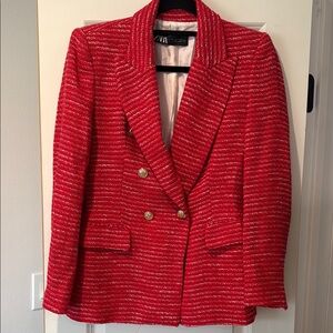 Zara Red Blazer with Textured Stripes